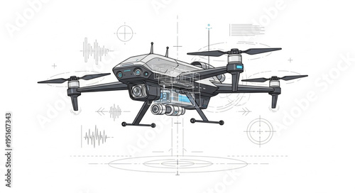 Detailed illustration of a modern drone with advanced technology and design.