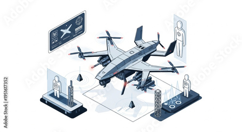 Detailed illustration of a futuristic drone with multiple propellers and advanced technology.