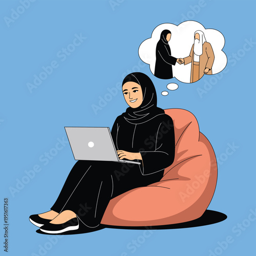 A smiling woman in a hijab sits on a beanbag chair with a laptop, thinking about business partnerships.