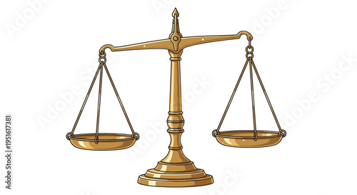 A classic ornate brass balance scale with two empty pans stands evenly on a plain white background.