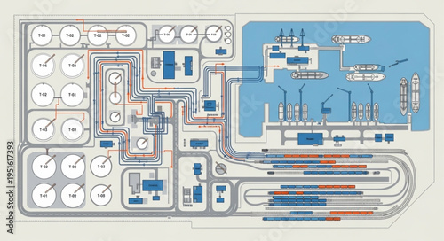 Detailed Overhead View of an Industrial Oil Refinery Complex.