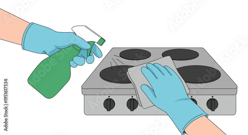 Two gloved hands clean a four-burner electric stovetop with a spray bottle and cloth.
