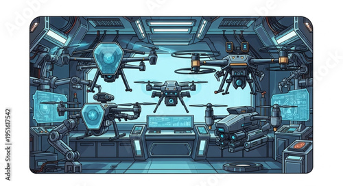 Futuristic drone technology lab showcasing advanced aerial vehicle systems and innovation.