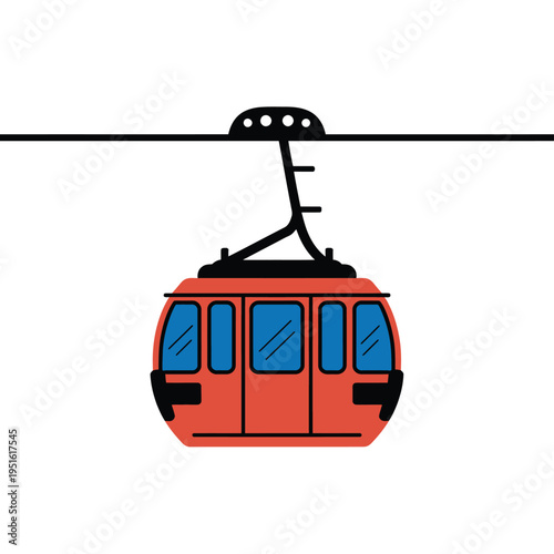 A red cable car suspended in the air with blue windows