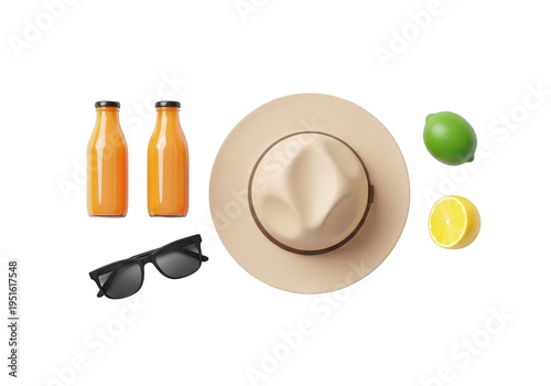 Summer accessories set featuring a straw hat, sunglasses, and skincare bottles