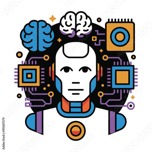 A futuristic robot with a humanoid face and circuit board design