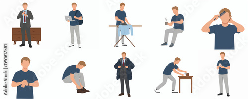 Flat Style Detailed Man Doing Daily Routine Activities Illustration