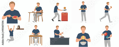 Minimalist Flat Illustration of Man Doing Various Activities at Home