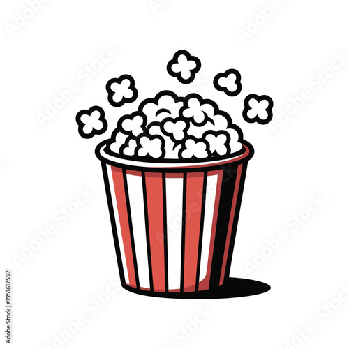 A cartoon illustration of a red and white striped popcorn bucket