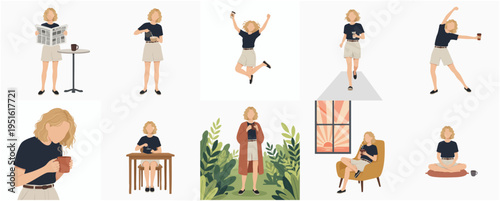 Flat Illustration of Daily Life Woman Doing Activities at Home or Outdoors