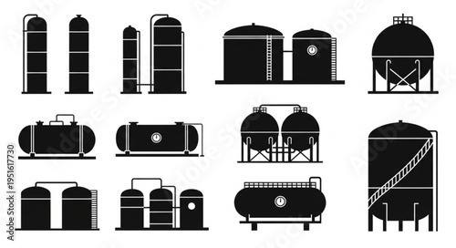 Silhouettes of Industrial Storage Tanks for Various Liquids.