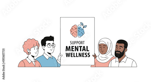 Diverse group of people holding a sign supporting mental wellness and brain health awareness