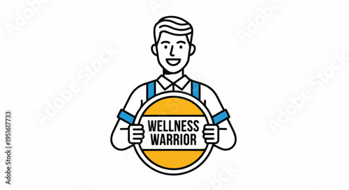 Happy man holding a sign that says "Wellness Warrior" with blue suspenders and a white shirt