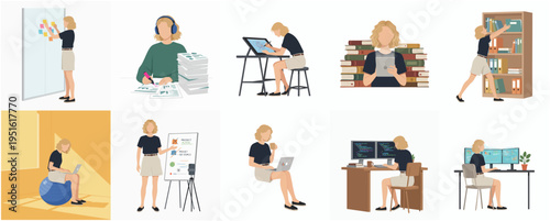 Modern Faceless Woman Working From Home Office Various Poses Set Illustration