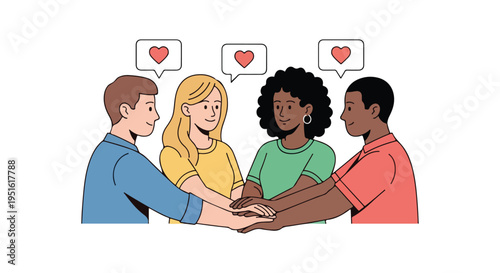 Diverse group of friends holding hands in a circle, showing unity, friendship, and love with heart icons above