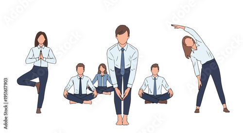 Office workers performing various yoga and stretching exercises during a wellness break, promoting health and stress relief in the workplace.