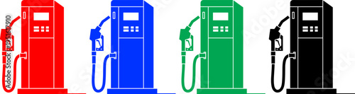 Gas station pump in four colors red blue green and black for fueling vehicles