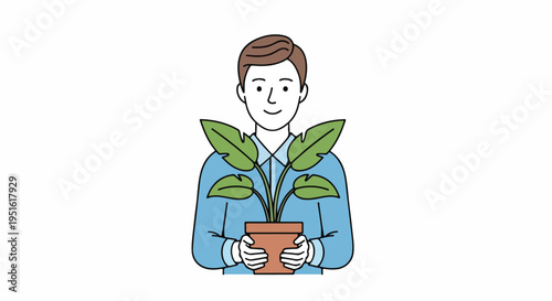 Smiling man in a blue shirt holding a potted green plant, symbolizing growth, nature care, and environmental responsibility. Simple illustration.