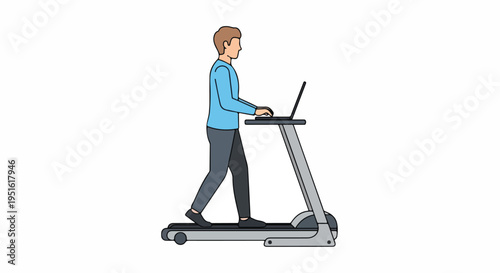 Man walking on a treadmill desk while working on a laptop, illustrating a healthy and productive remote work lifestyle with exercise and technology integration.