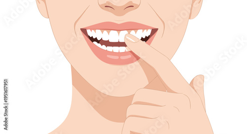 A close-up of a smiling mouth with white teeth is highlighted by a finger pointing to them on a white background.