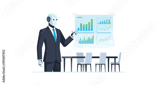 A humanoid robot in a business suit presents data on a large screen in a modern meeting room with a table and chairs.