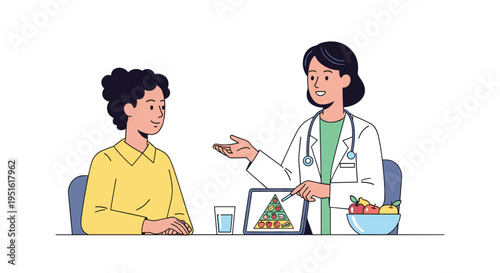 A smiling female doctor explains a food pyramid on a tablet to a patient, with apples and water on the table.