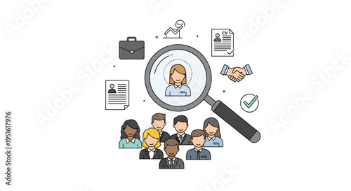 A magnifying glass highlights a female candidate among a diverse group of job applicants surrounded by HR-related icons.