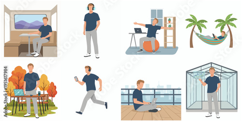 Flat Design Man Doing Different Activity Illustration Set