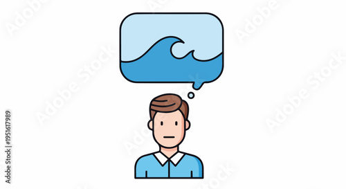 Man thinking about ocean waves, water, sea, or a potential problem like a tsunami or flood. Vector illustration of a person contemplating water.