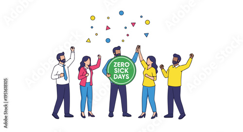 Diverse business team celebrating zero sick days, promoting workplace health, productivity, and employee well-being with a festive atmosphere.
