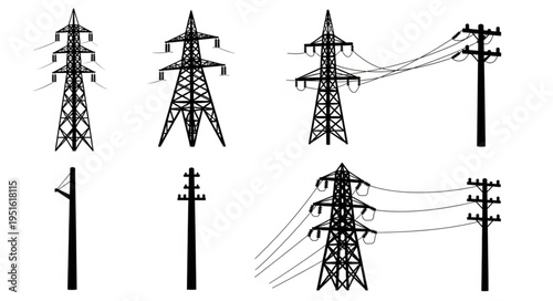 Silhouetted High-Voltage Power Transmission Towers and Utility Poles.