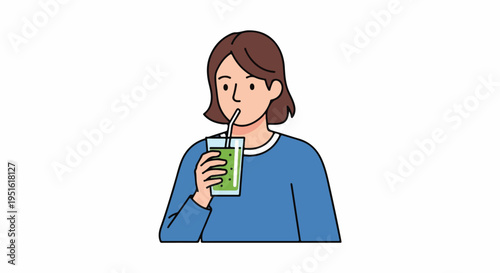 Young woman enjoying a refreshing green smoothie with a straw, promoting healthy lifestyle and natural nutrition. Isolated vector illustration.