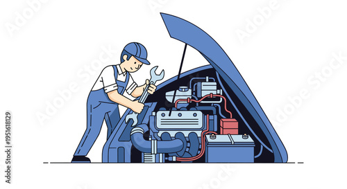 A male mechanic in blue overalls works on an open car engine with a wrench on a white background.