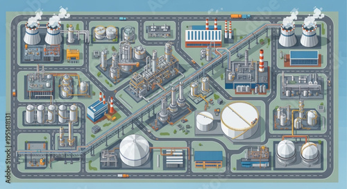Detailed Aerial View of an Industrial Complex with Cooling Towers and Storage Tanks.