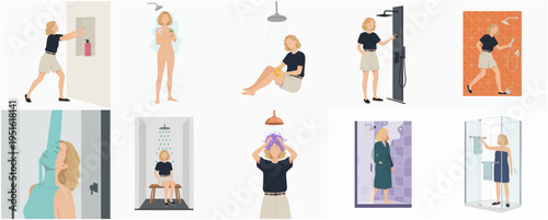 Flat Style Illustration Set Woman Taking Shower in Various Bathroom Scene