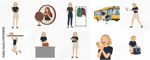 Minimalist Flat Style Young Woman Lifestyle Activity in Different Scene Set