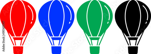 Hot air balloon icons in red blue green and black colors set on transparent background