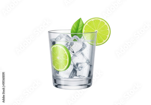 Refreshing glass of water with a slice of lime and ice cubes on a bright background