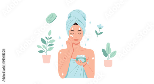 A woman wrapped in towels applies face cream while surrounded by potted plants and a bar of soap on a white background.