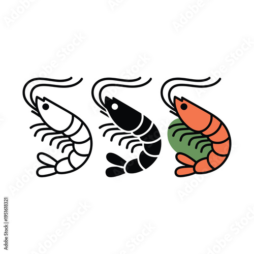 A colorful illustration of three cartoon shrimps in different colors