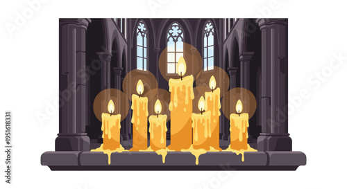 Nine tall, melting yellow candles with bright flames stand on a dark stone ledge in front of gothic arched windows.