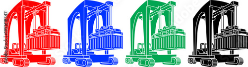 Industrial container loader machine icons in red blue green and black on transparent background