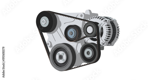A detailed car engine component shows a serpentine belt system with pulleys and an alternator.