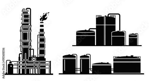 Silhouette of Industrial Plant and Storage Tanks for Oil and Gas.