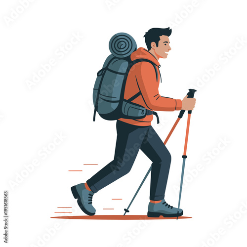 A man hiking with a backpack and trekking poles in nature