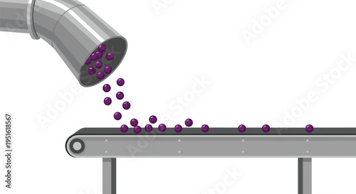 Purple pellets fall from a chute onto a moving conveyor belt on a plain white background.