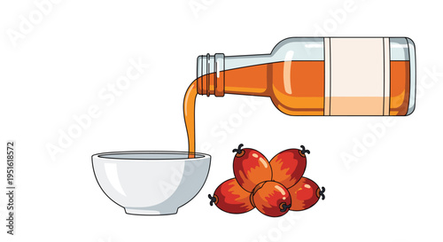 An orange liquid pours from a glass bottle into a white bowl next to a cluster of red palm fruits on a white background.