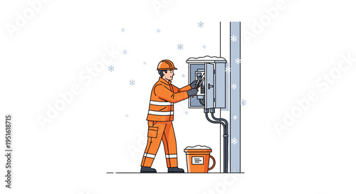 An electrician in an orange uniform works on an outdoor electrical box during snowfall with a bucket nearby.