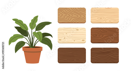 A potted green plant stands beside six rectangular wooden planks displaying various grain patterns on a white background.