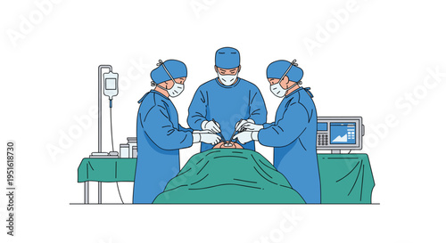 Three surgeons in blue scrubs and masks perform an operation on a patient in a sterile operating room.